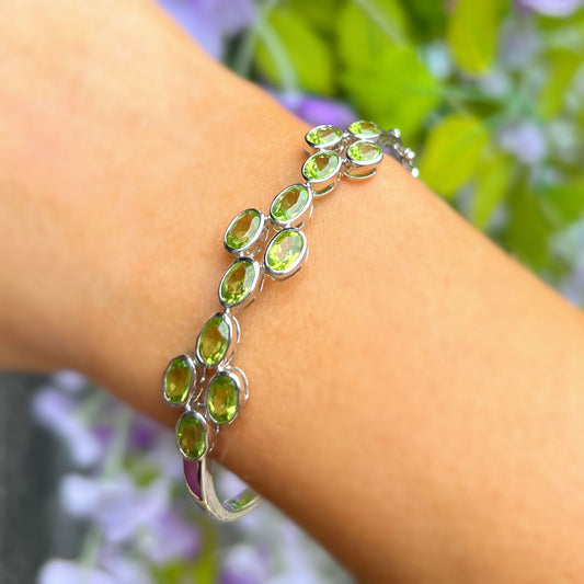 Delicate Minimalistic Bezel Set Peridot Sterling Silver Bracelet