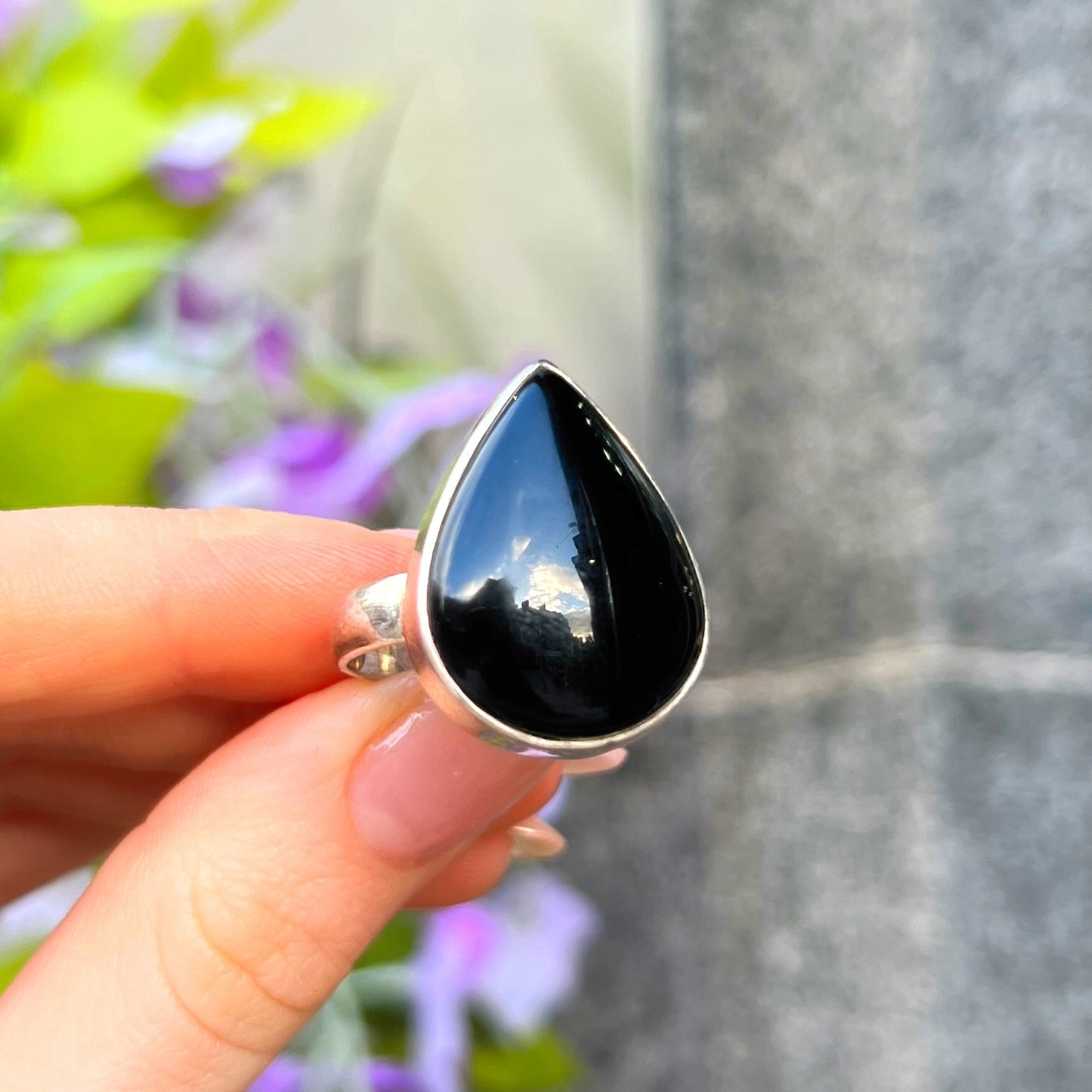 Sterling Silver Pear Cut Black Onyx Ring - Size P