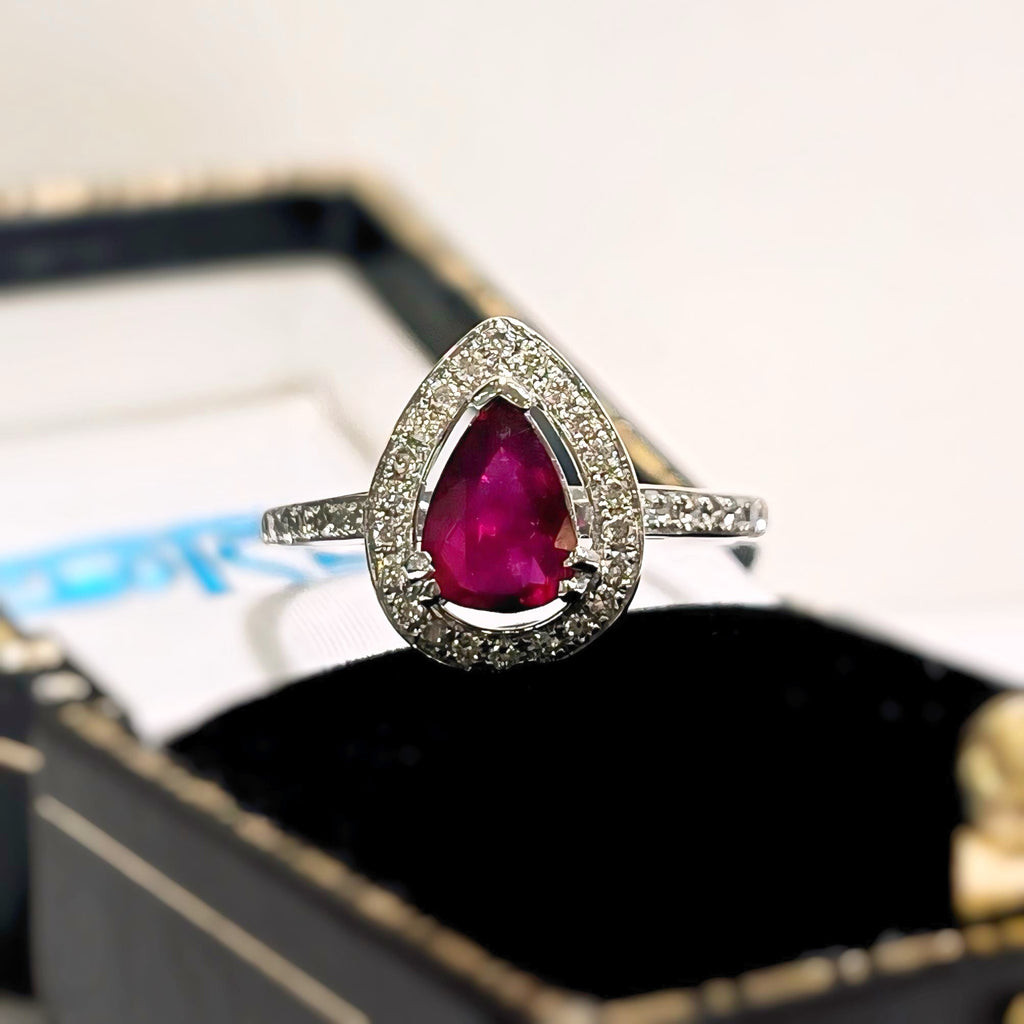 Ruby and Diamond Pear Shaped 18ct White Gold Ring | Size N