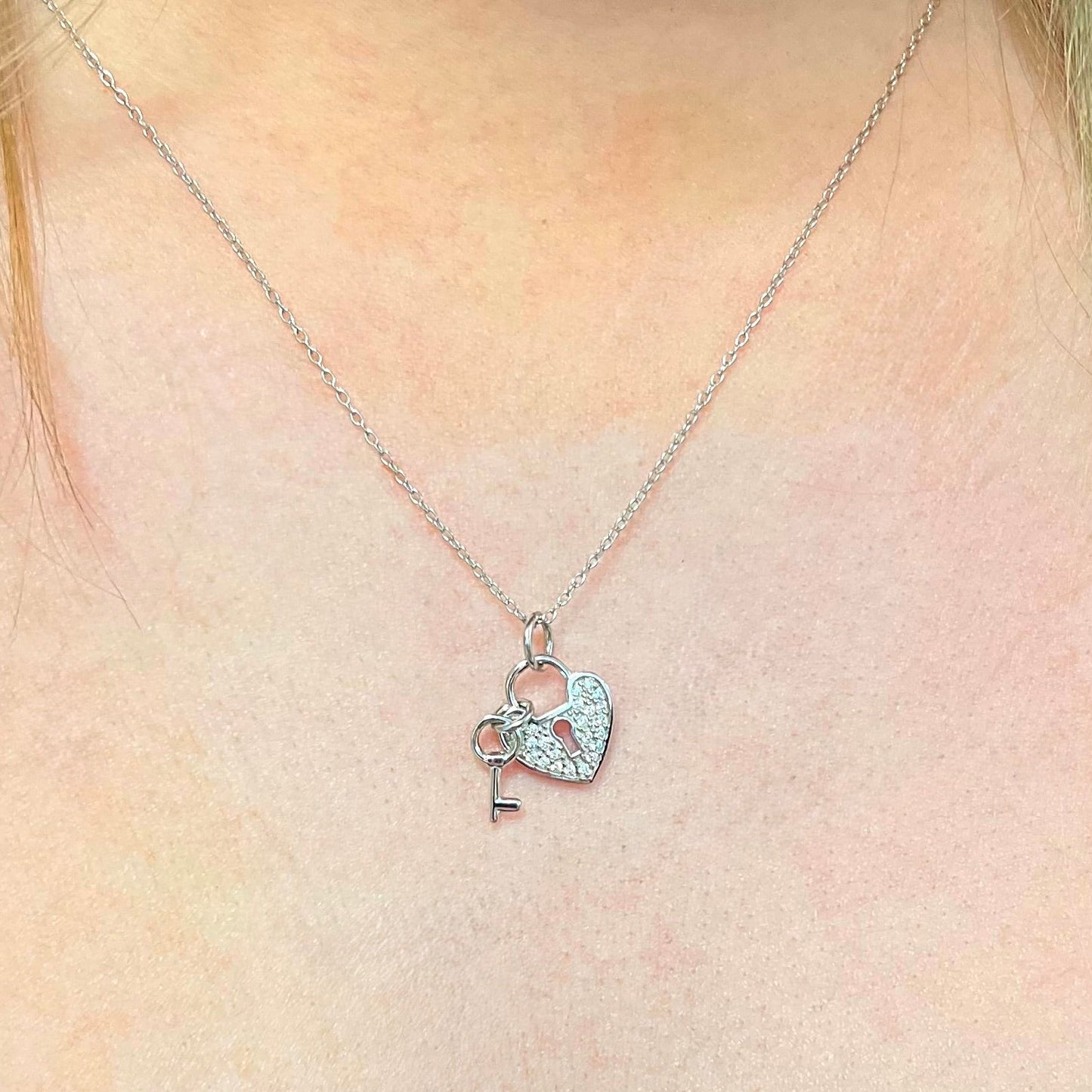 Cubic Zirconia Sterling Silver Heart Lock & Key Necklace