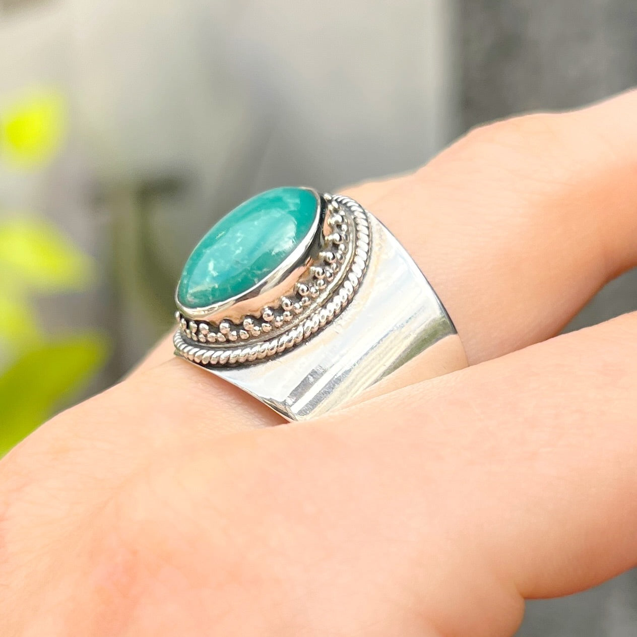 Sterling Silver Boho Green Amazonite Ring - Size T