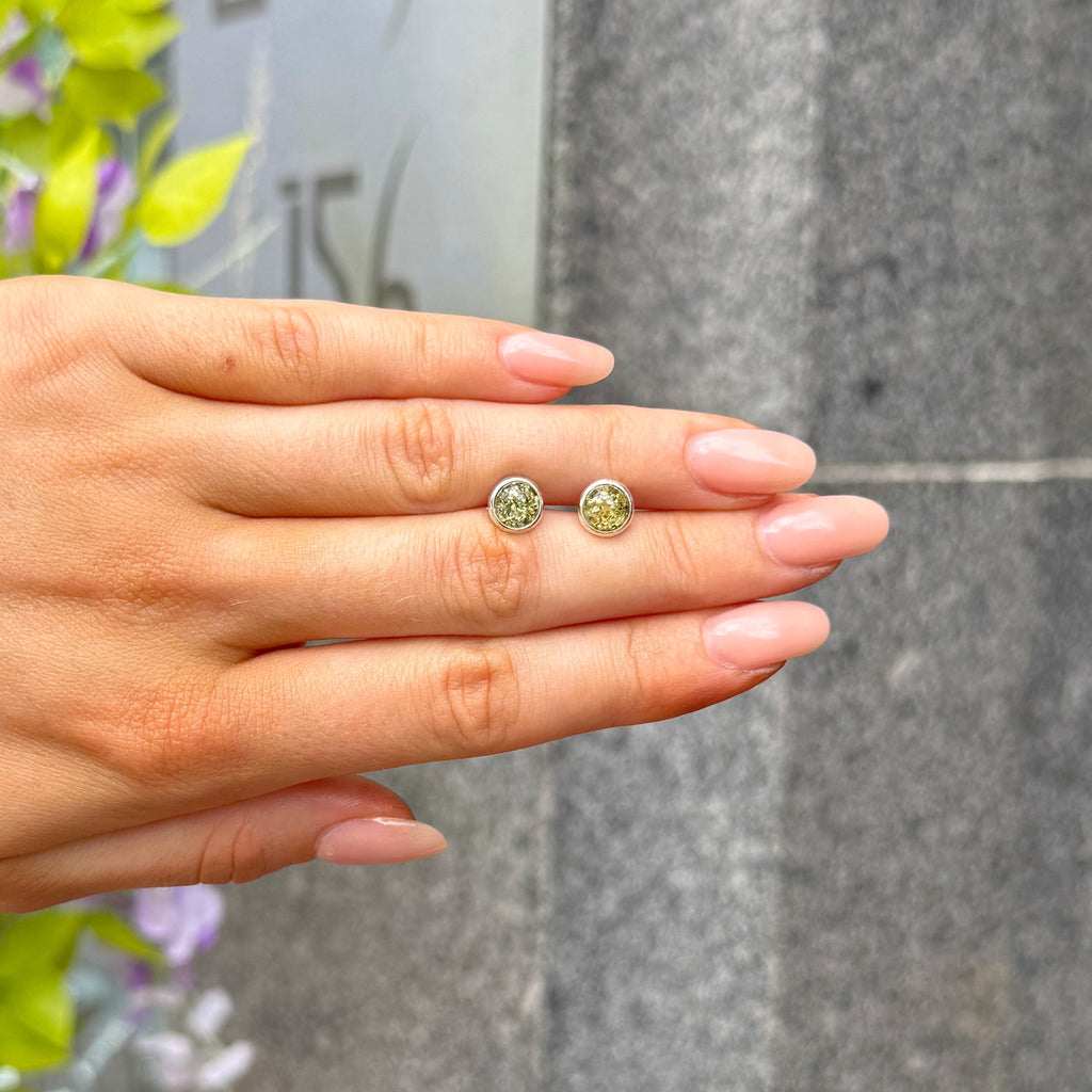Green Amber Sterling Silver Round Stud Earrings