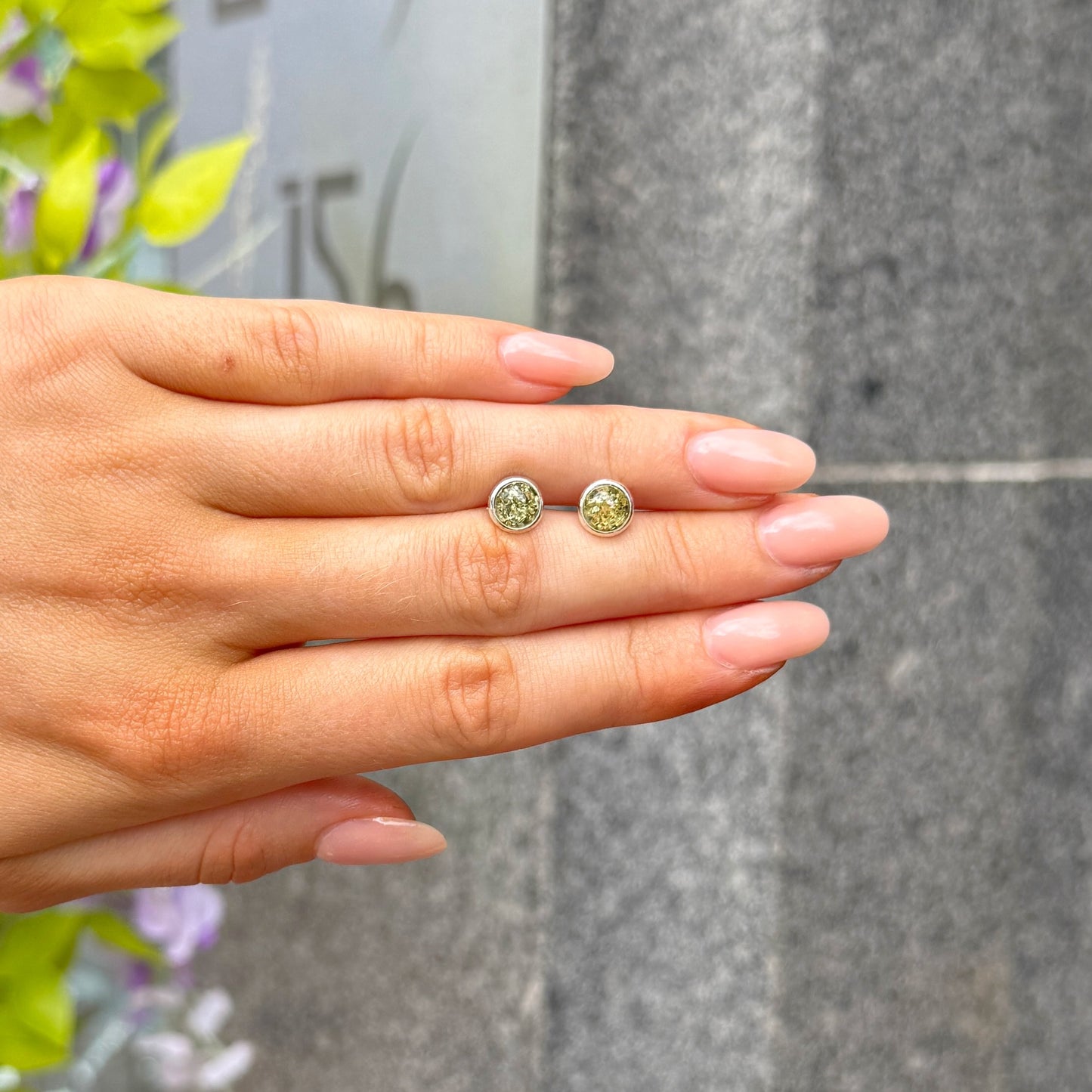 Green Amber Sterling Silver Round Stud Earrings