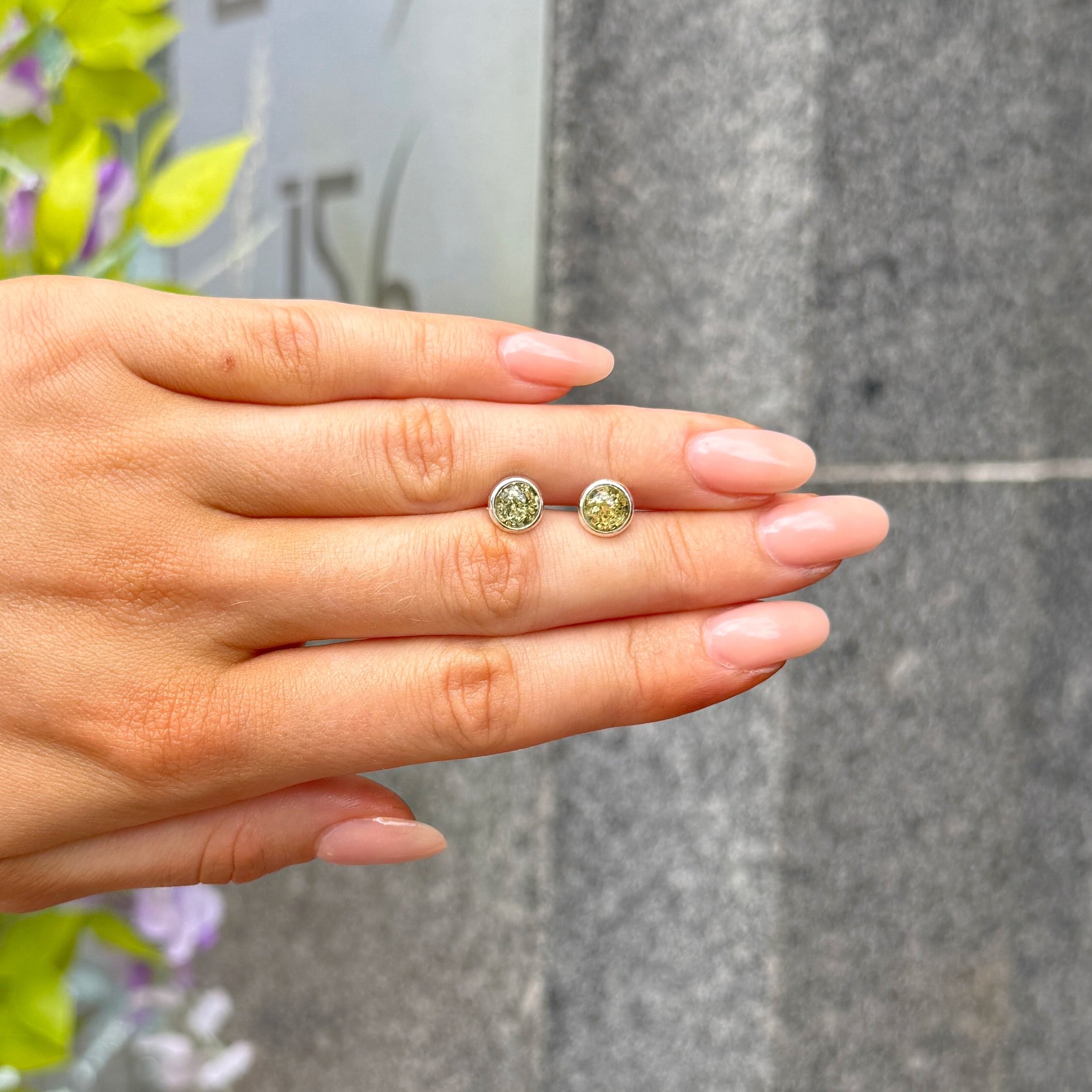 Green Amber Sterling Silver Round Stud Earrings