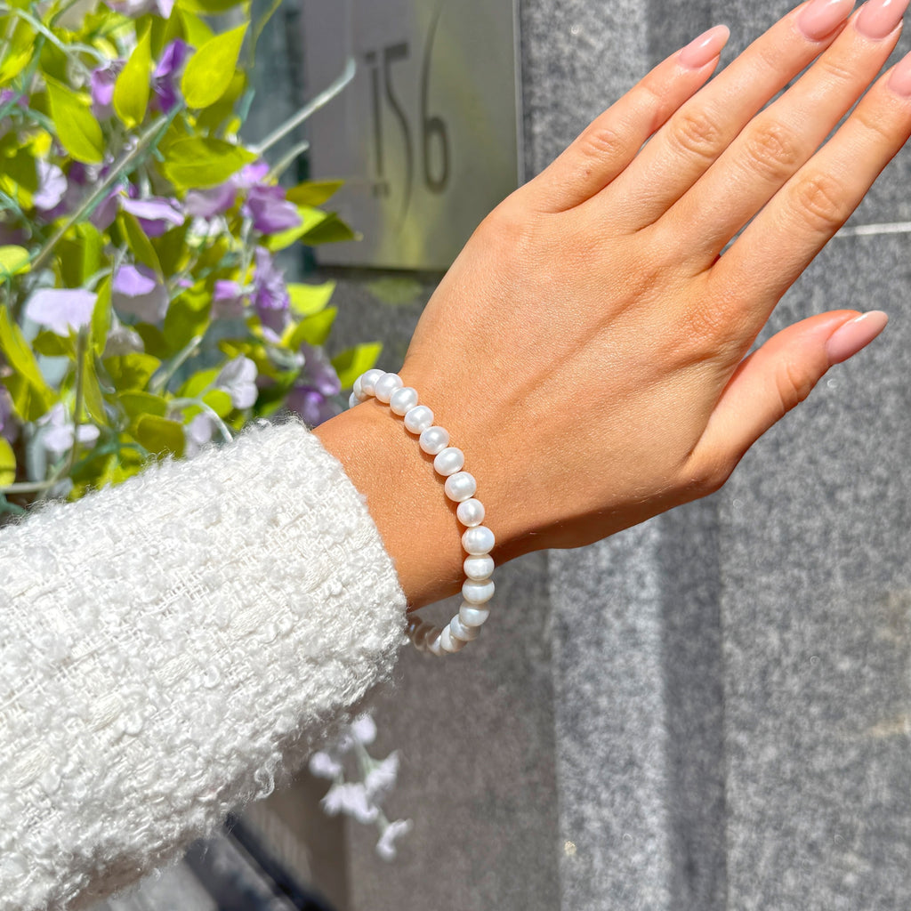 White Freshwater Pearl Beaded Sterling Silver Bracelet