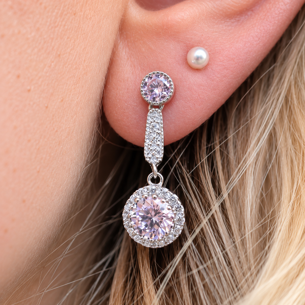 Pink Cubic Zirconia Sterling Silver Drop Earrings