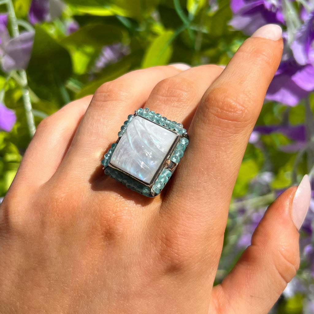 Square Rainbow Moonstone & Aquamarine Beaded Bohemian Ring | Adjustable Size