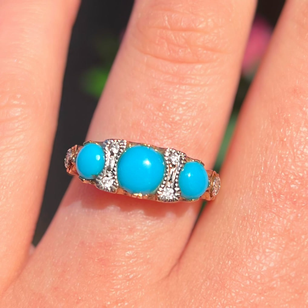 Edwardian Reproduction 9ct Yellow Gold Turquoise and Diamond Ring - Size M ½