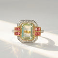 RESERVED | Art Deco Inspired Green Amethyst and Pink Tourmaline 9ct Yellow Gold Ring | Size O ½