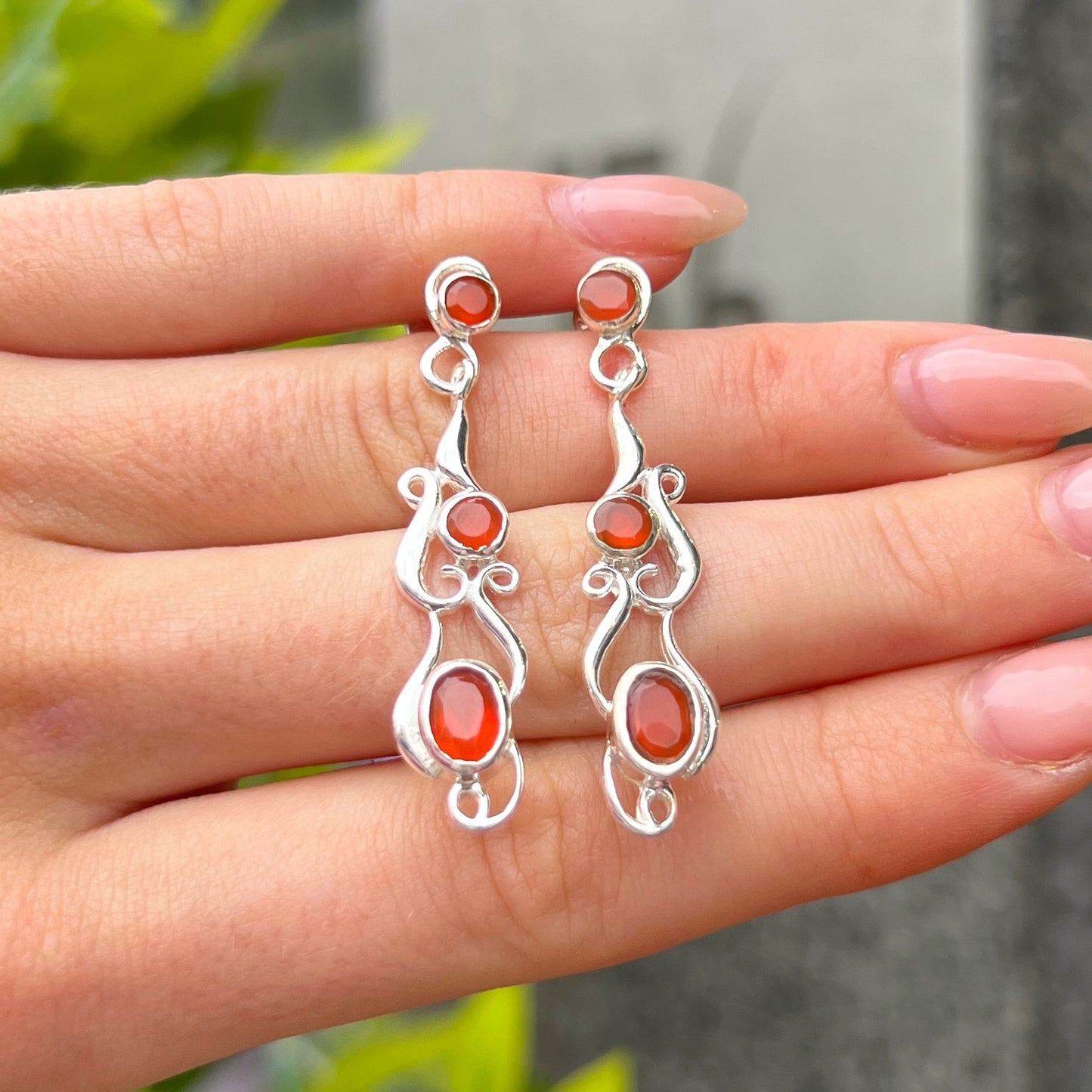 Sterling Silver Orange Carnelian Intricate Drop Earrings