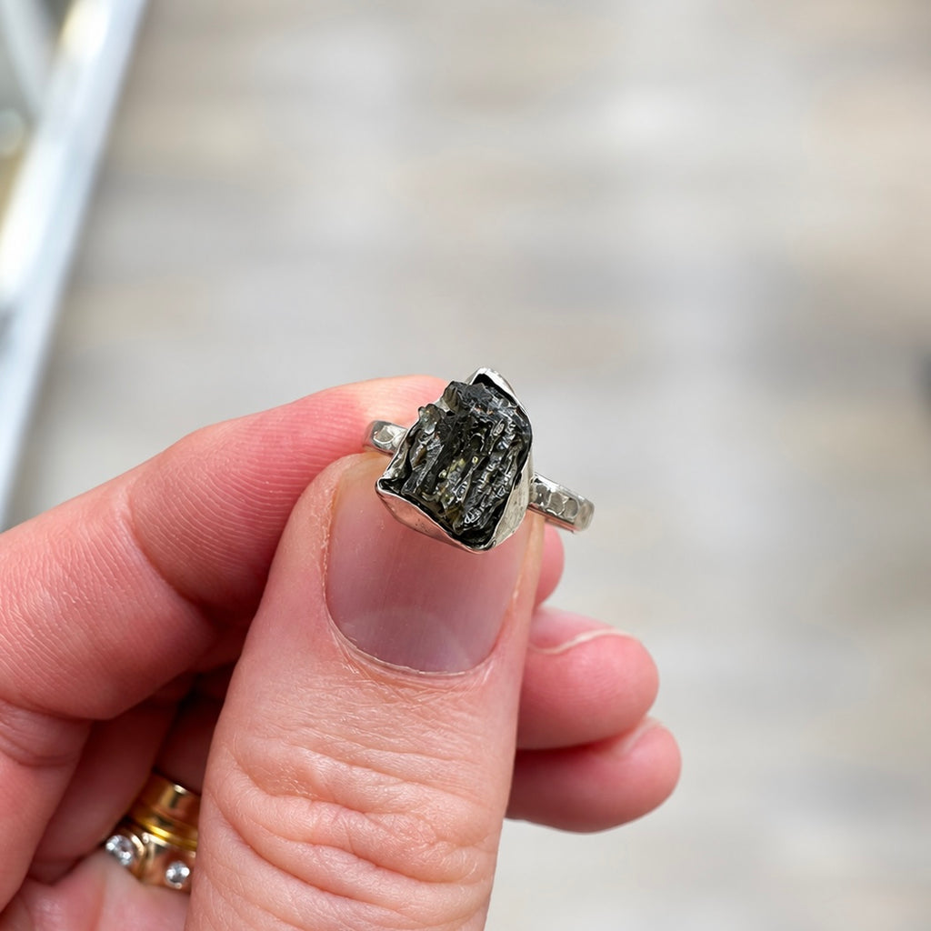 Rough Cut Green Moldavite Sterling Silver Ring | Size L