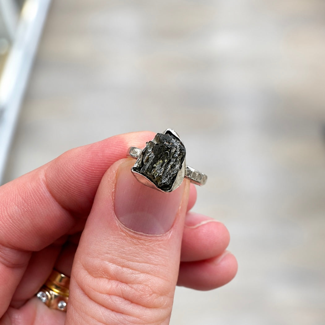 Rough Cut Green Moldavite Sterling Silver Ring | Size L