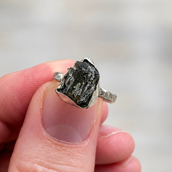 Rough Cut Green Moldavite Sterling Silver Ring | Size L