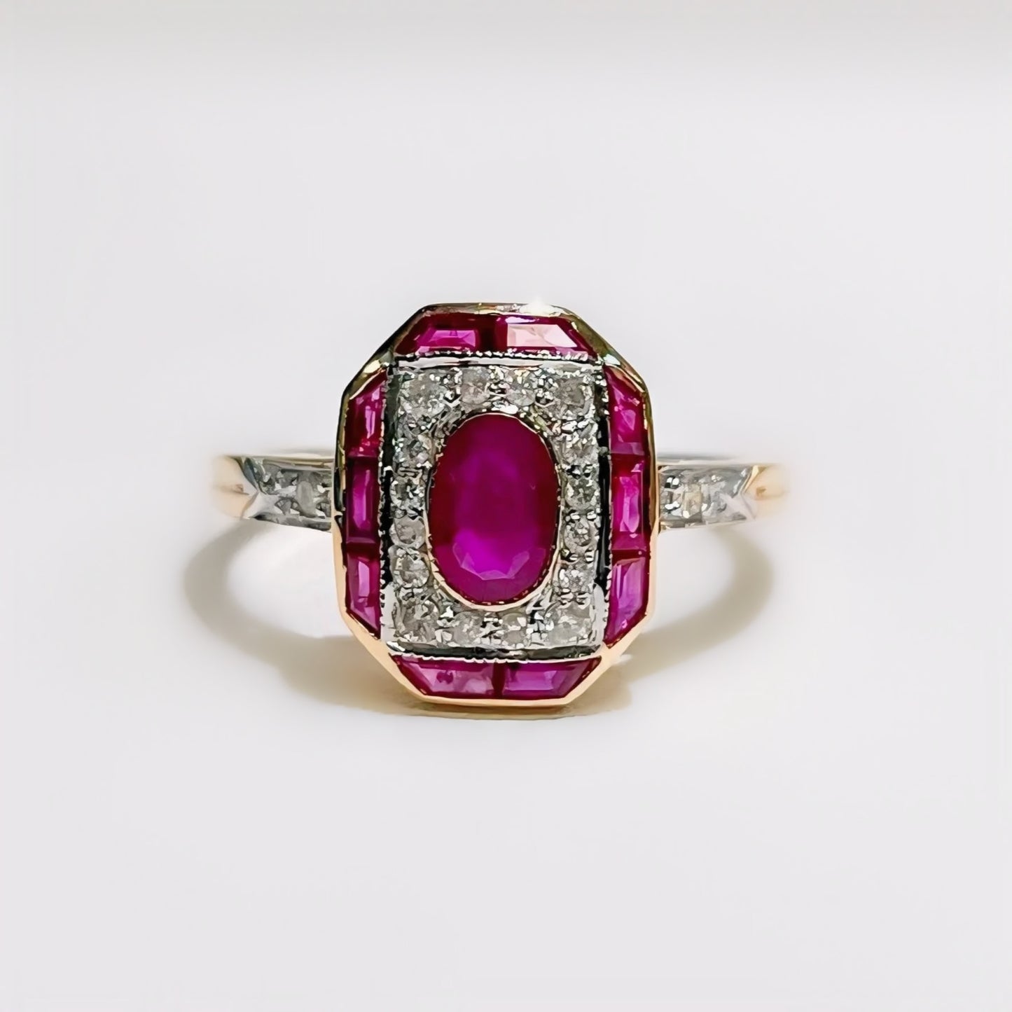 Art Deco Inspired 9ct Yellow Gold Red Ruby and Diamond Ring - Size O