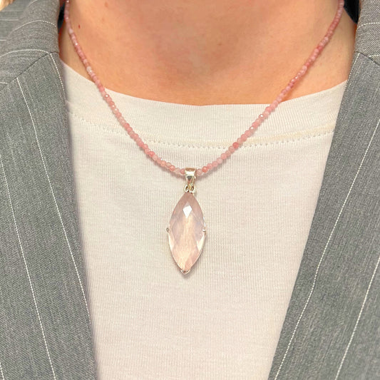 Pink Rose Quartz Marquise Cut Sterling Silver Beaded Necklace