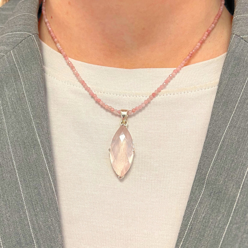 Pink Rose Quartz Marquise Cut Sterling Silver Beaded Necklace