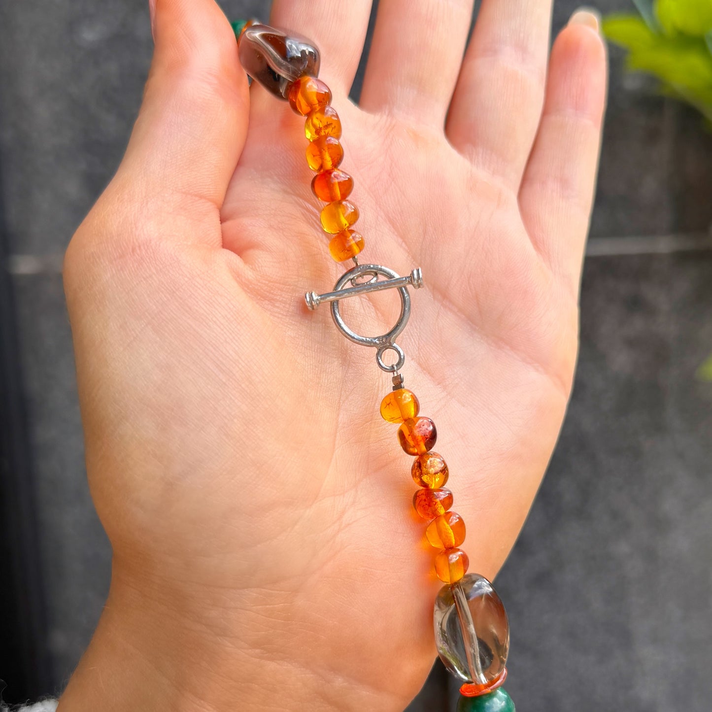 Orange Amber, Green Malachite, Dark Labradorite & Smoky Quartz Fossil Design Sterling Silver Beaded Necklace