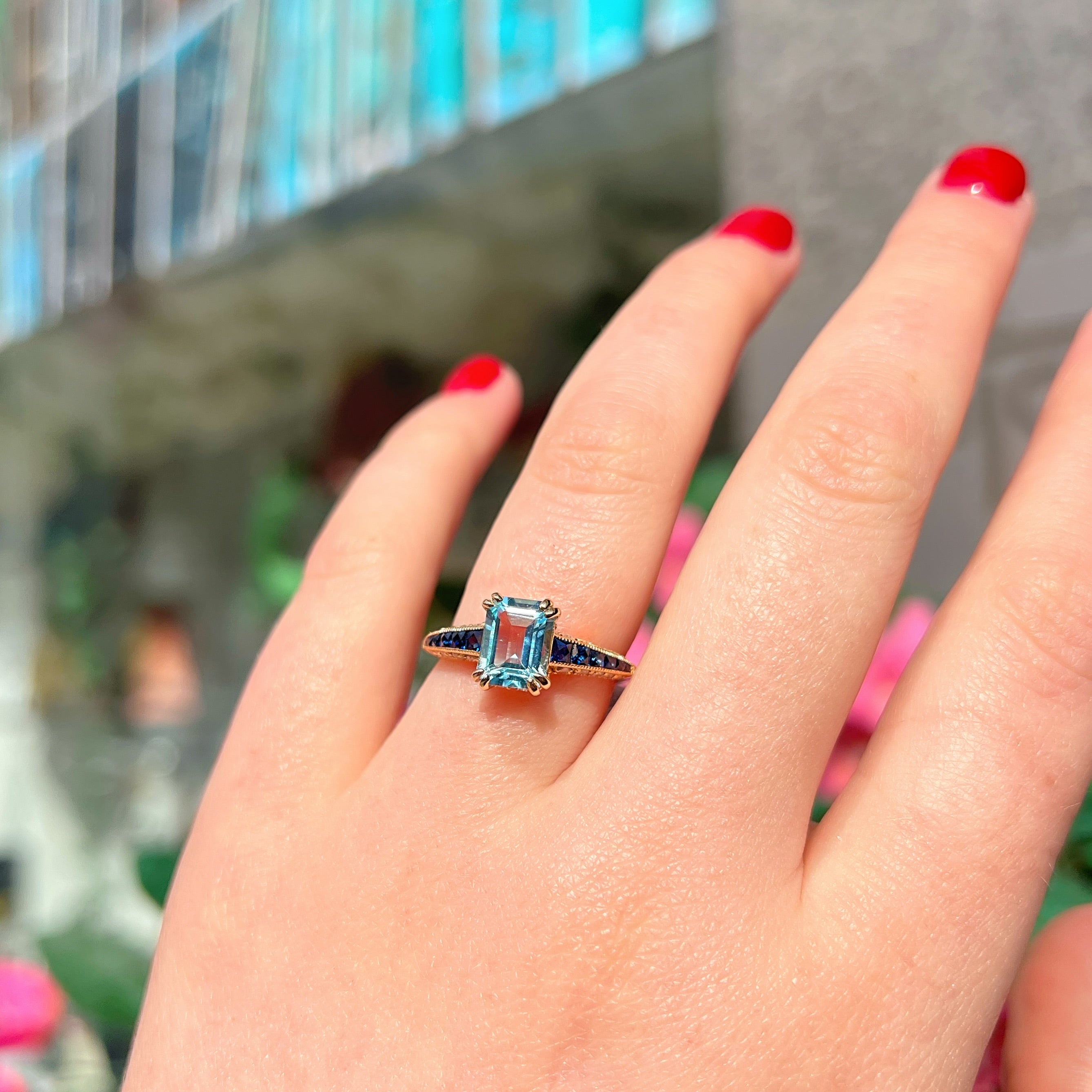 Blue Topaz Sapphire and Diamond 9ct Yellow Gold Engagement Ring | Size M ½