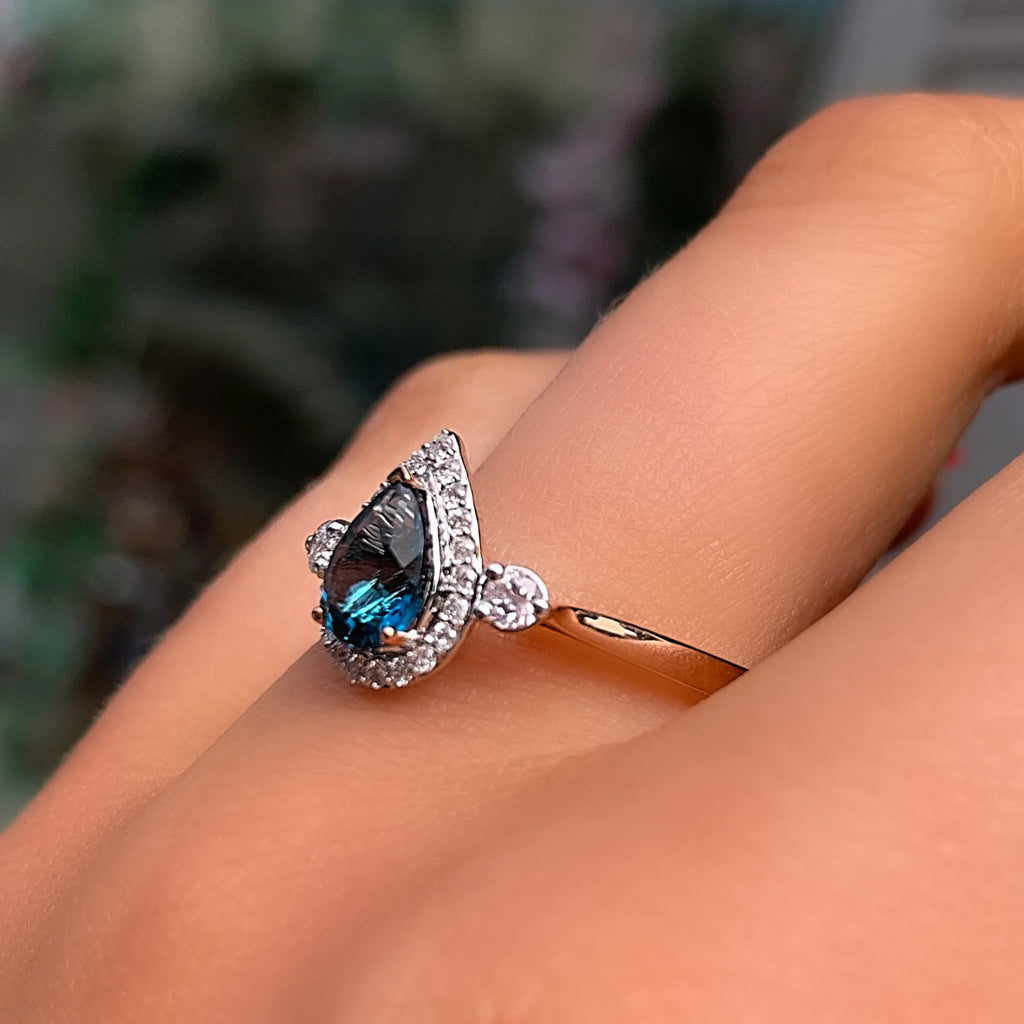 London Blue Topaz and Diamond 9ct Rose Gold Ring | Size M