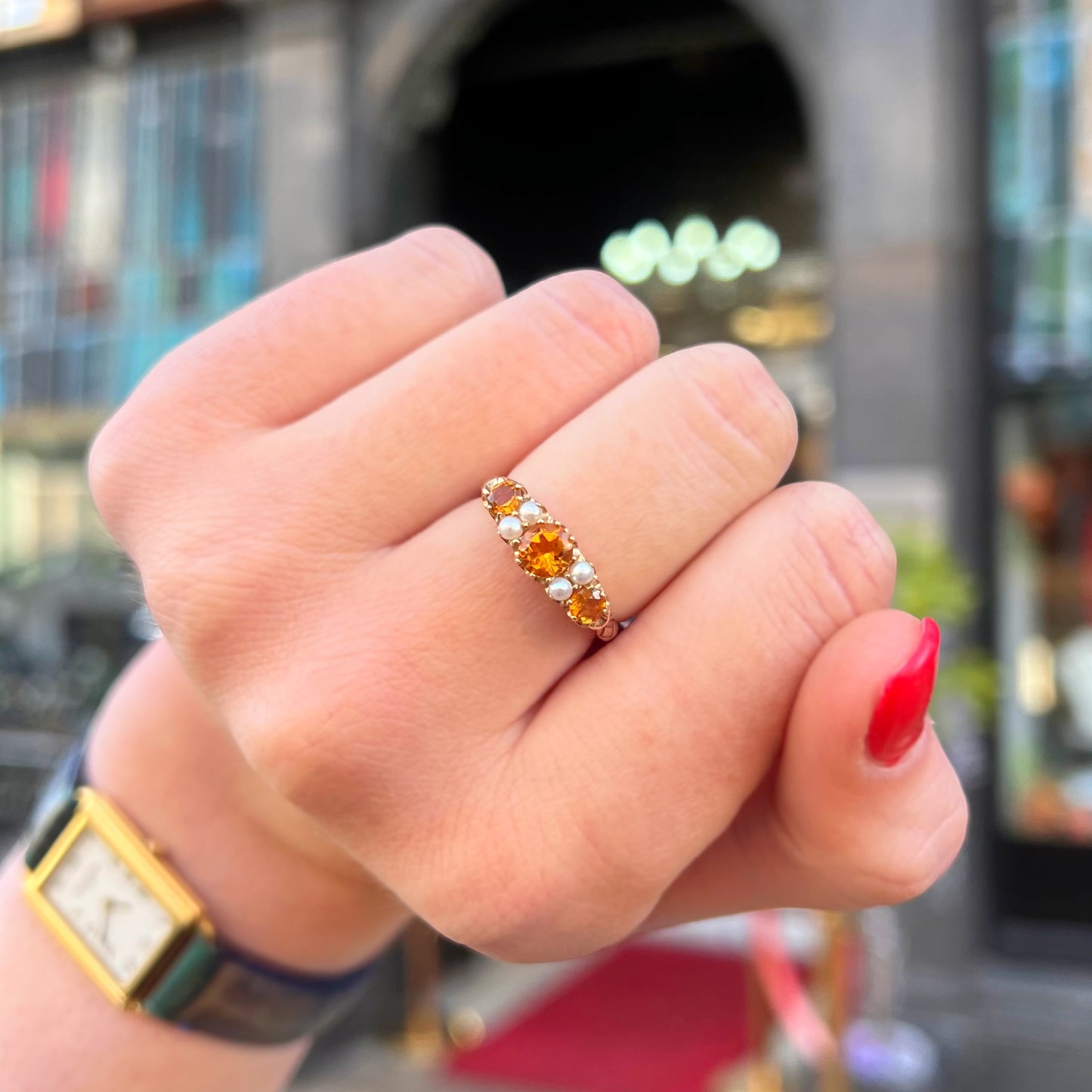 Edwardian Inspired Ornate 9ct Yellow Gold Citrine and Pearl Ring - SIZE O