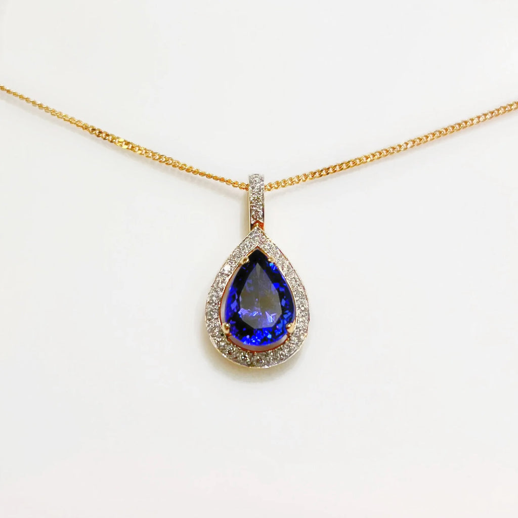 Vintage Pear Shaped Blue Tanzanite and Diamond 18ct Yellow Gold Necklace