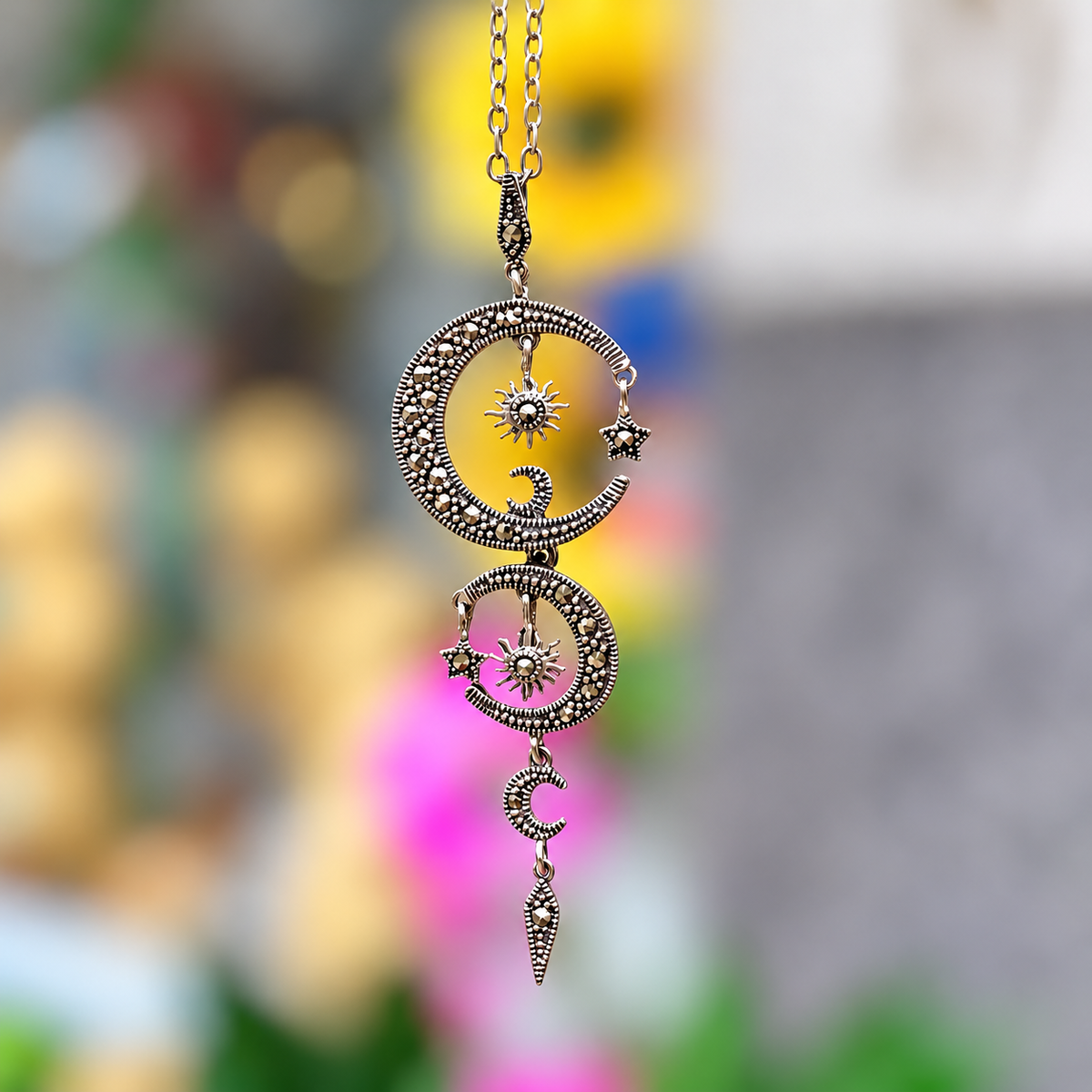 Marcasite Celestial Moon and Star Universe Sterling Silver Necklace