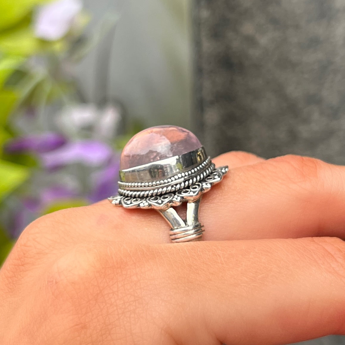 Chunky Bohemian Sterling Silver Cabochon Pink Rose Quartz Ring - Size N