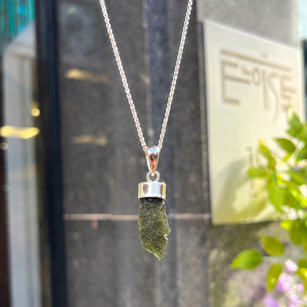 Rough Cut Green Moldavite Sterling Silver Pendant