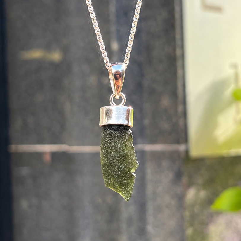 Rough Cut Green Moldavite Sterling Silver Pendant