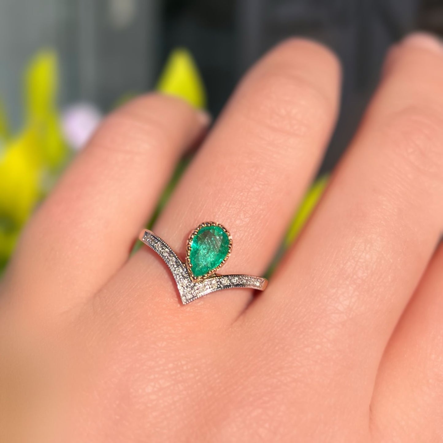 'Ariel' Ring - 9ct Yellow Gold Emerald and Diamond Wishbone Size N ½