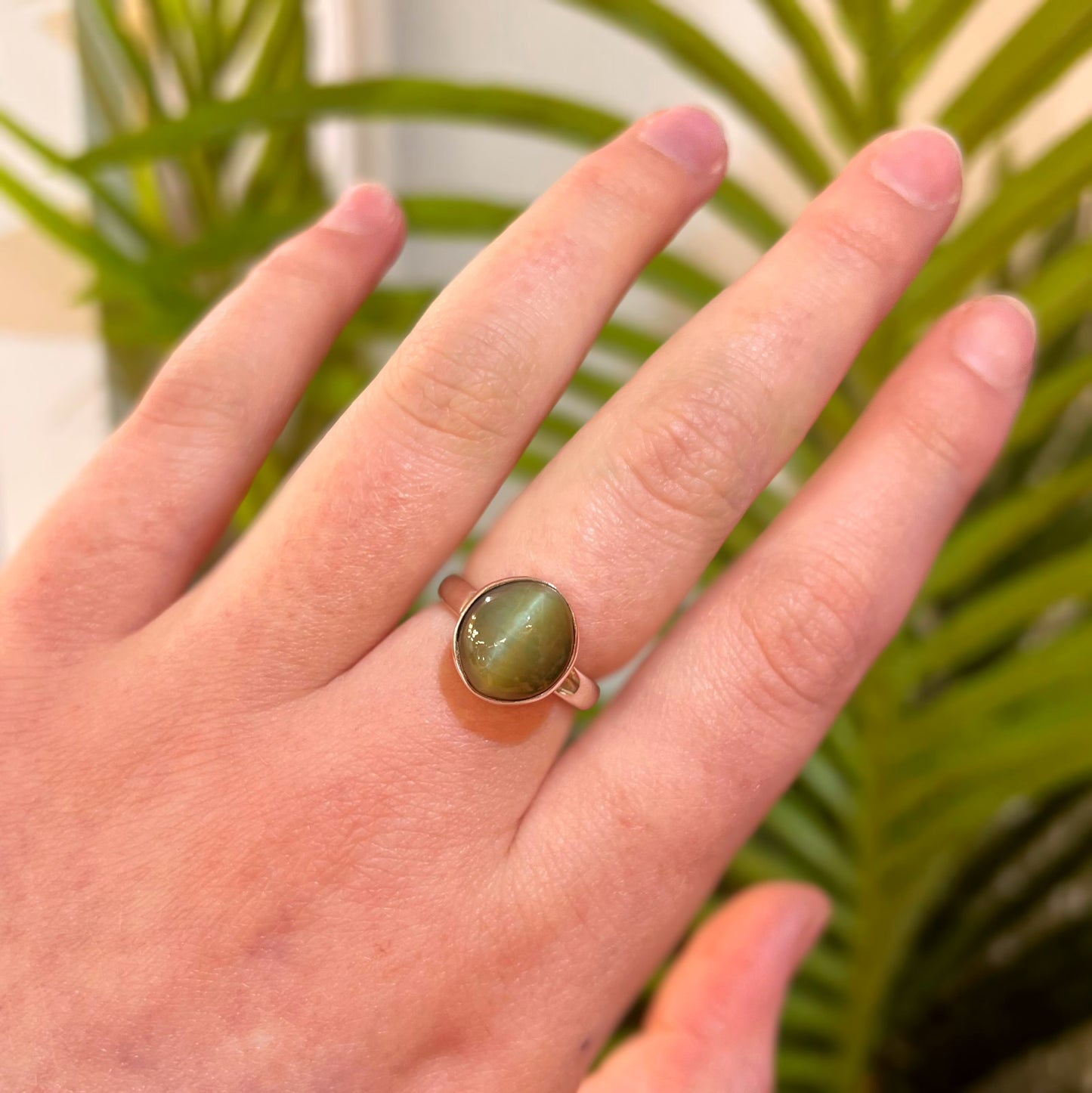 Sterling Silver Chrysoberyl Green Cats Eye Ring - Size L½