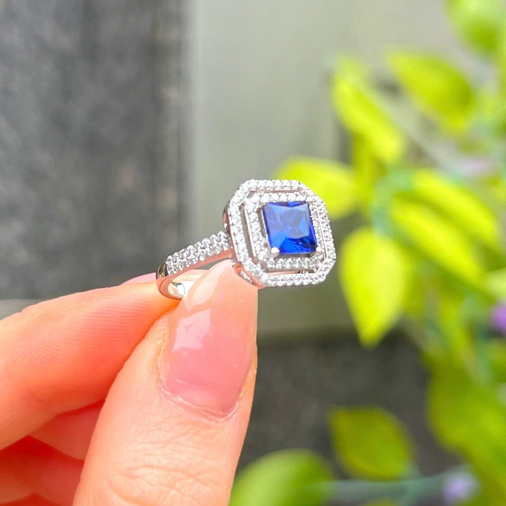 Blue Cubic Zirconia Sterling Silver Square Halo Ring | Size M