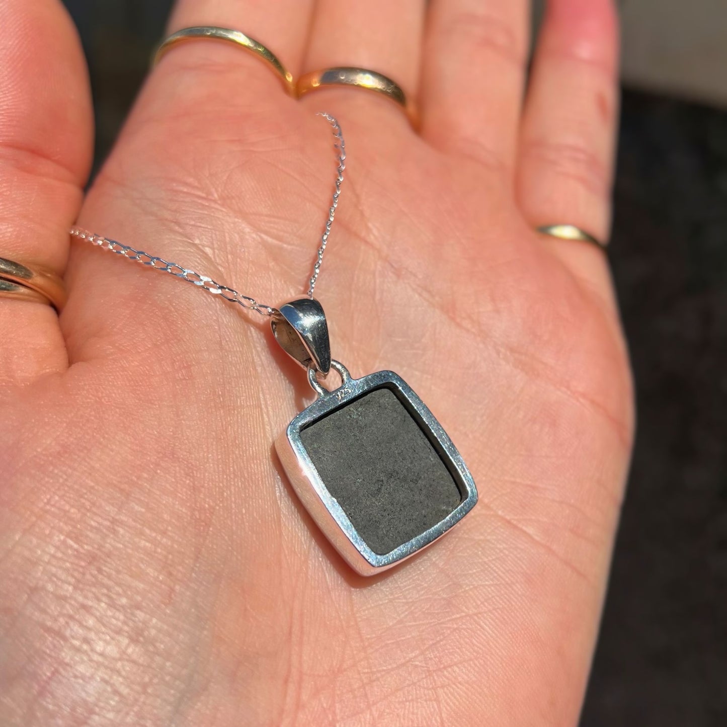 RARE Sterling Silver Fossilied Ammolite Square Shaped Necklace