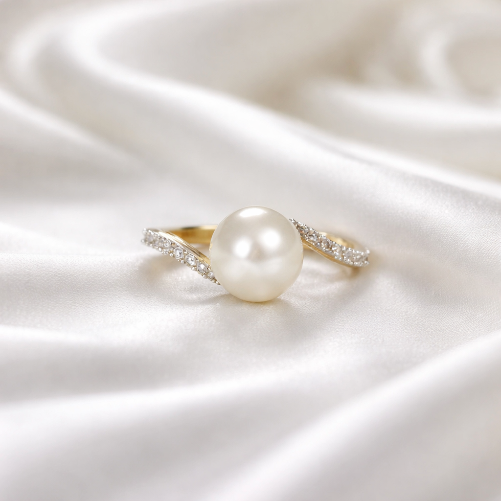 9ct Yellow Gold Pearl Diamond Twist Ring - Size L