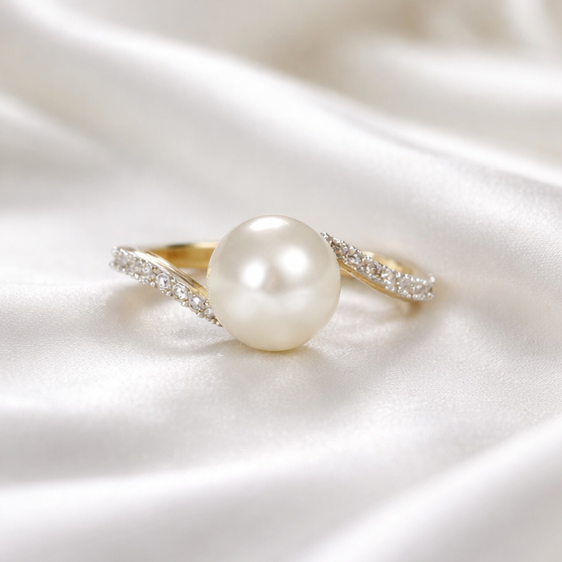 9ct Yellow Gold Pearl Diamond Twist Ring - Size L