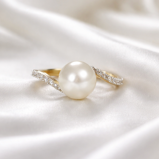 9ct Yellow Gold Pearl Diamond Twist Ring - Size L