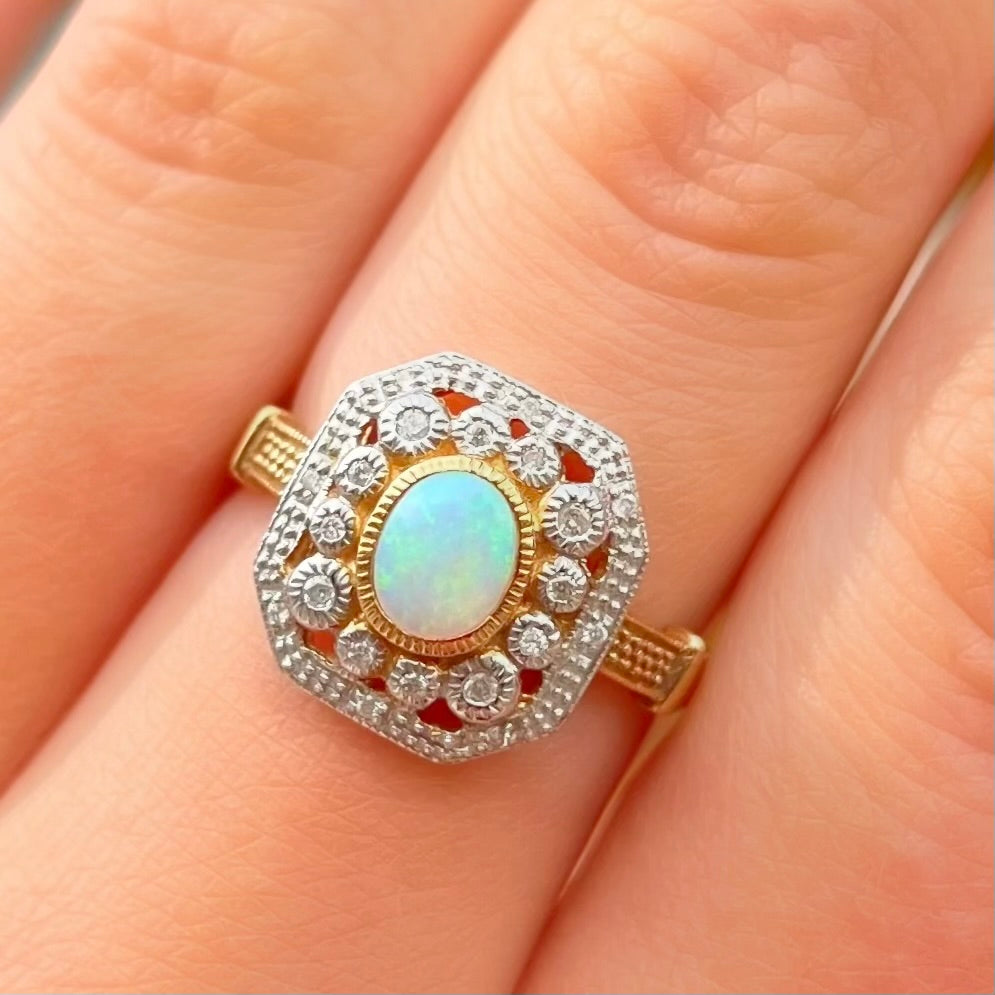 Art Deco Inspired Octagonal Opal and Diamond 9ct Yellow Gold Cluster Ring | Size O