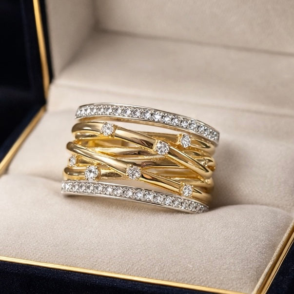 Unusual 9ct Gold Two Tone Wide Diamond Band Ring - Size O