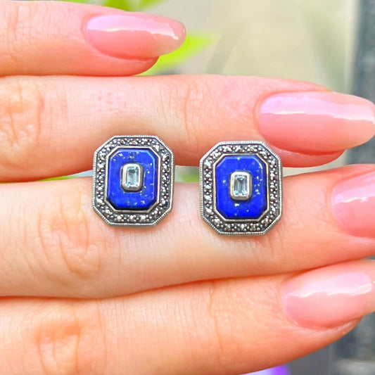 Sterling Silver Blue Lapis Lazuli, Topaz & Marcasite Square Stud Earrings