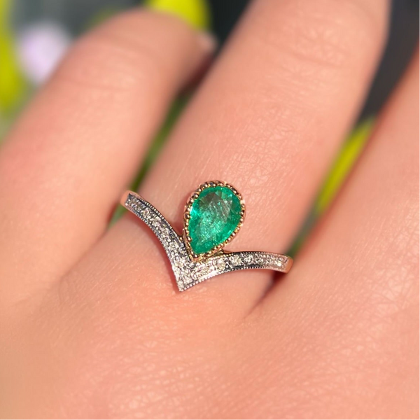 The Ariel Ring - 9ct Yellow Gold Emerald and Diamond Wishbone Size N ½