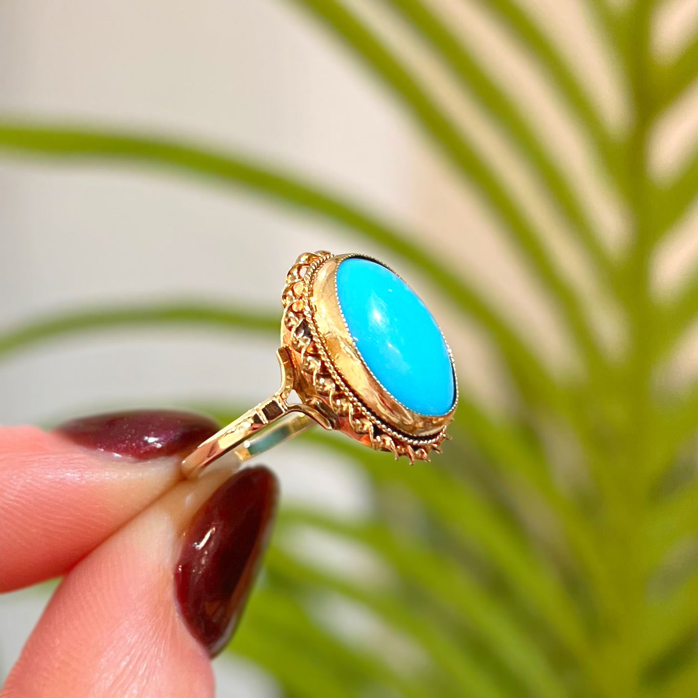 Vintage Turquoise 9ct Yellow Gold Dress Ring | Size L ½