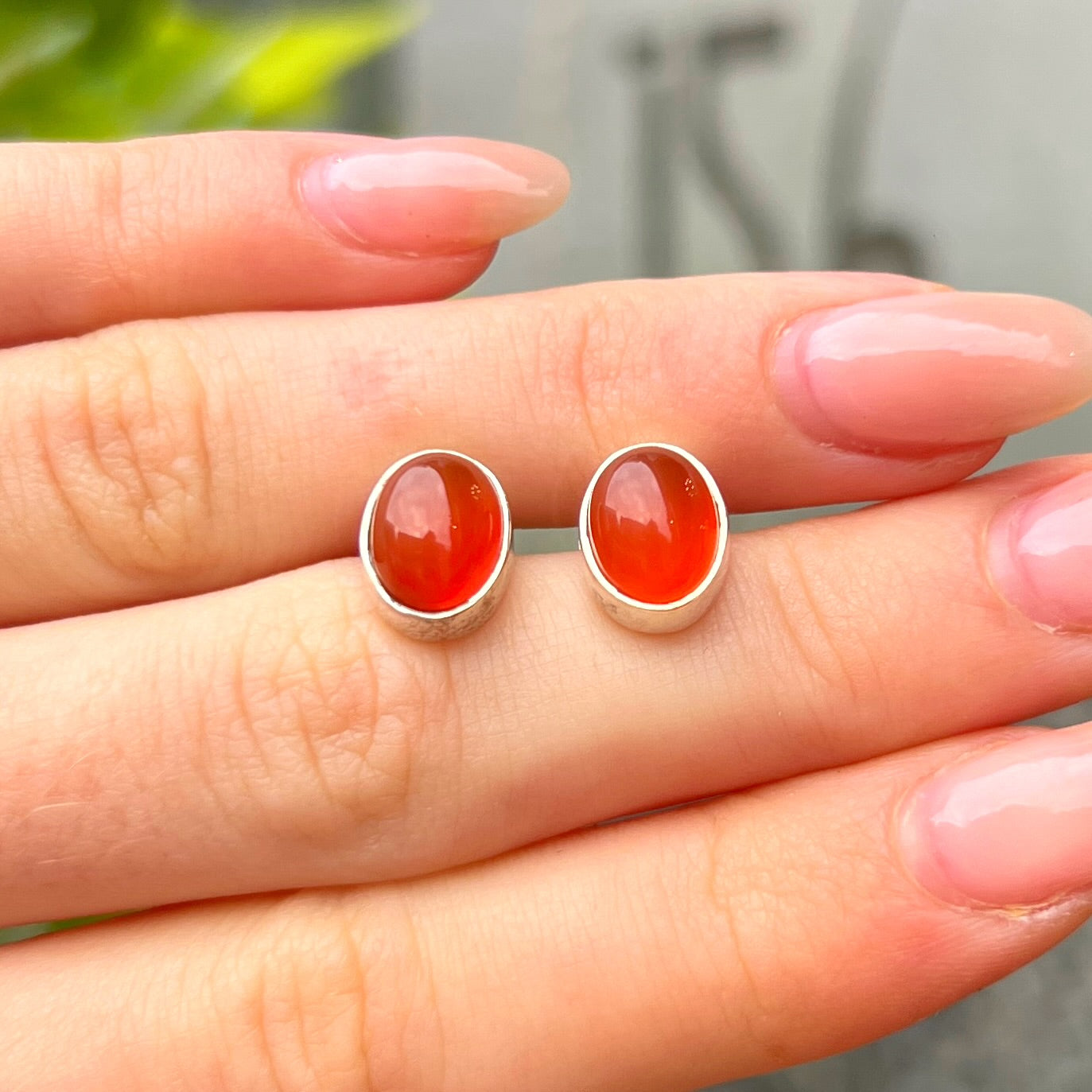 Sterling Silver Orange Carnelian Oval Stud Earrings