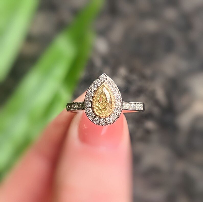 Platinum Canary Yellow Diamond Pear Halo Ring