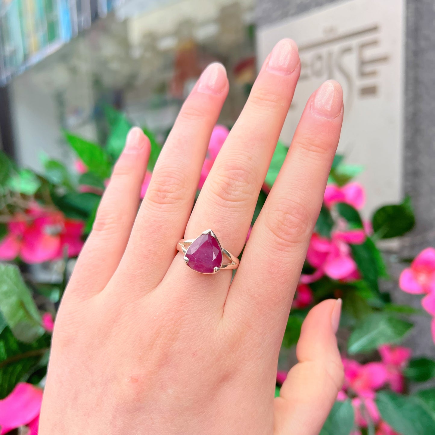 Chunky Sterling Pear-Cut Ruby Ring - Size P ½