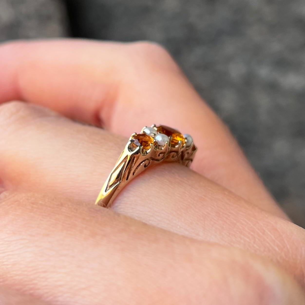 Edwardian Inspired Ornate 9ct Yellow Gold Citrine and Pearl Ring - SIZE O