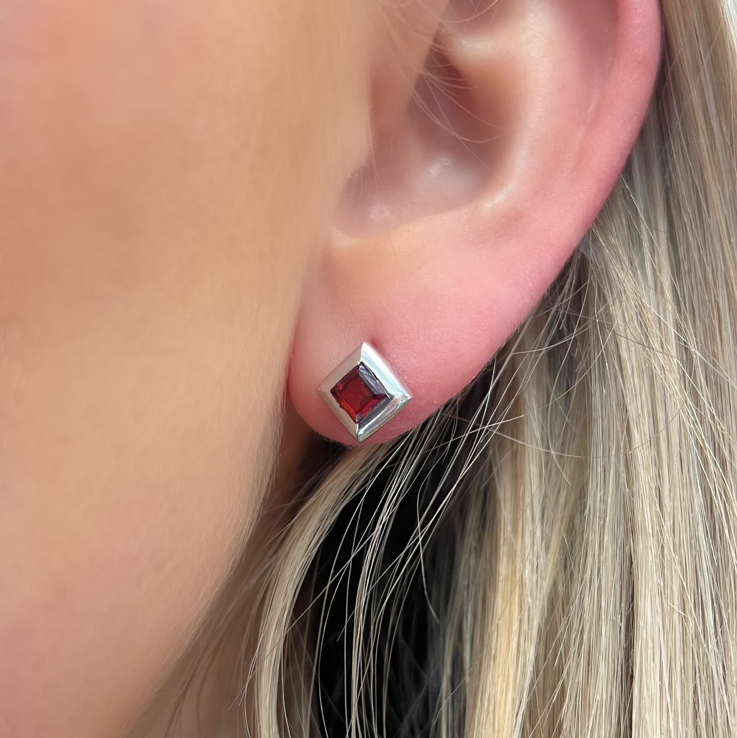 Sterling Silver Square Princess Cut Garnet Stud Earrings