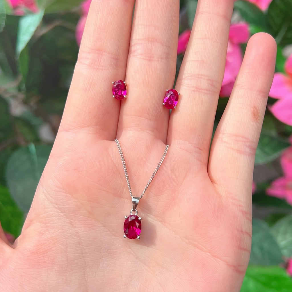 Oval-Cut Lab-Grown Ruby Sterling Silver Matching Necklace and Earring Set