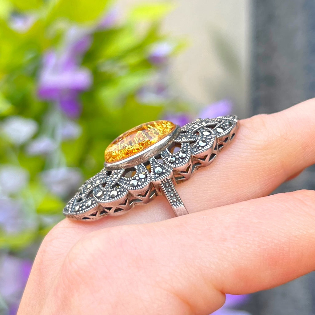 Orange Amber & Marcasite Sterling Silver Ring | Size O ½