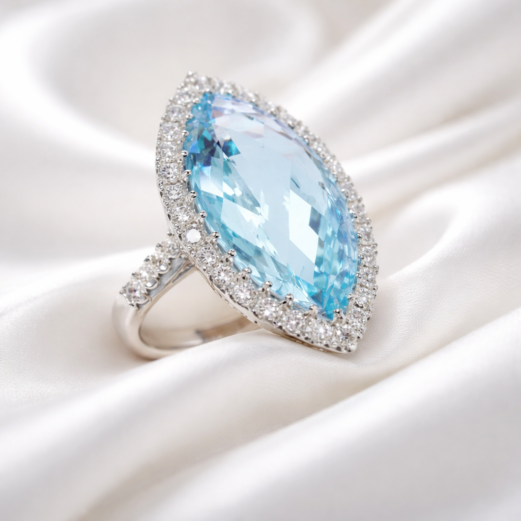 Marquise Cut Blue Topaz & Diamond 18ct White Gold Cocktail Ring | Size M