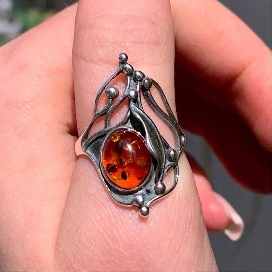 Intricate Filigree Sterling Silver Amber Ring - Size N